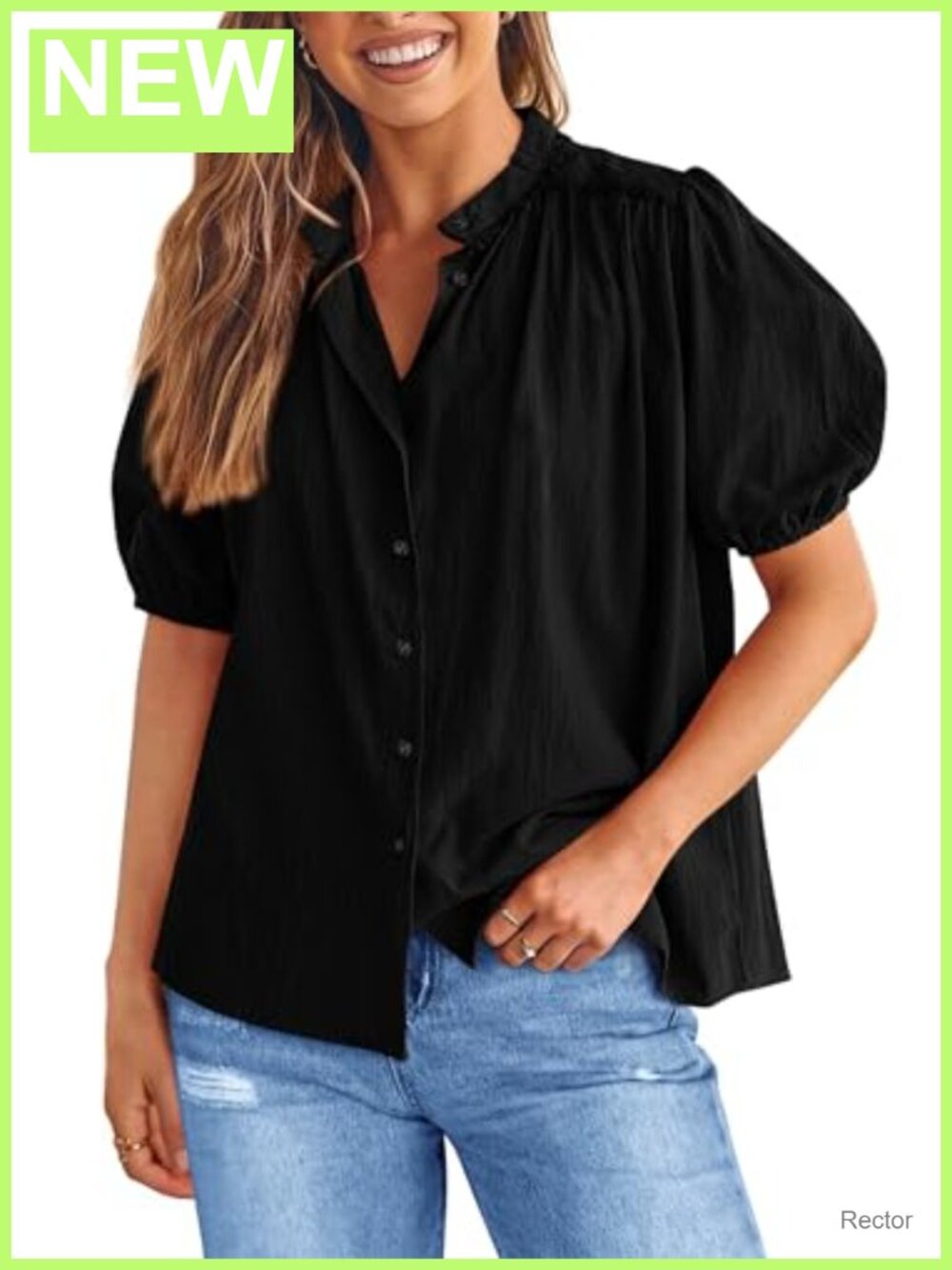 Women's Cotton Button Down Blouse V Neck Short Lantern Sleeve Casual Top